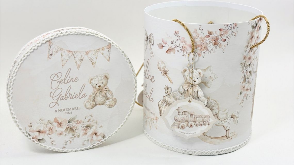 Trusou botez Nude Teddy Bear Toile de Jouy bej crem cu accente light pink și pattern floral vintage 29